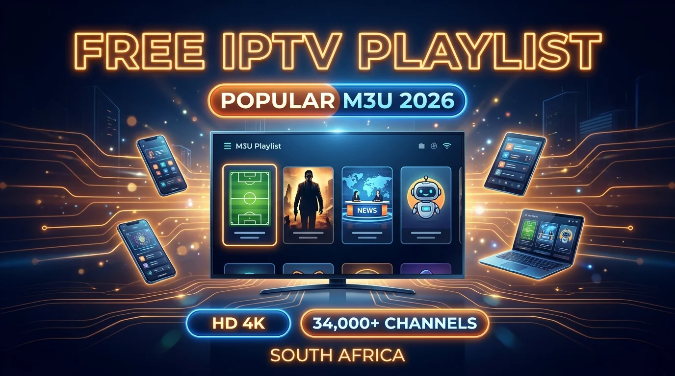 Free popular IPTV playlist South Africa with 34,000+ channels in HD and 4K
